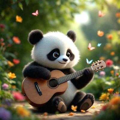 The primary subject of the image is a small, cute panda bear sitting on the ground and holding a guitar. The setting is a garden with a variety of flowers surrounding the panda bear. The visual style is a digital art illustration, creating a whimsical and playful atmosphere. The colors are predominantly pastel shades, giving the scene a soft and cheerful mood.